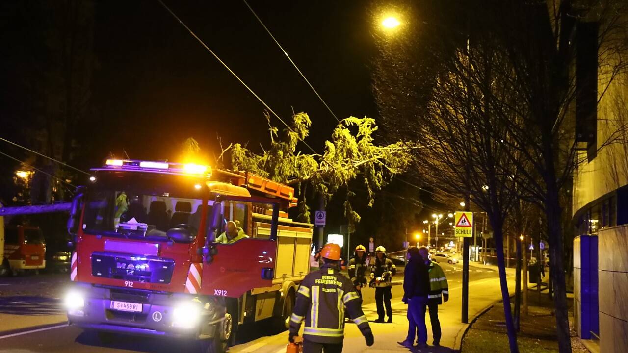 In der Stadt Salzburg musste die Feuerwehr eine Oberleitung von einem umgestürzten Baum befreien.  In der Stadt Salzburg musste die Feuerwehr eine Oberleitung von einem umgestürzten Baum befreien.