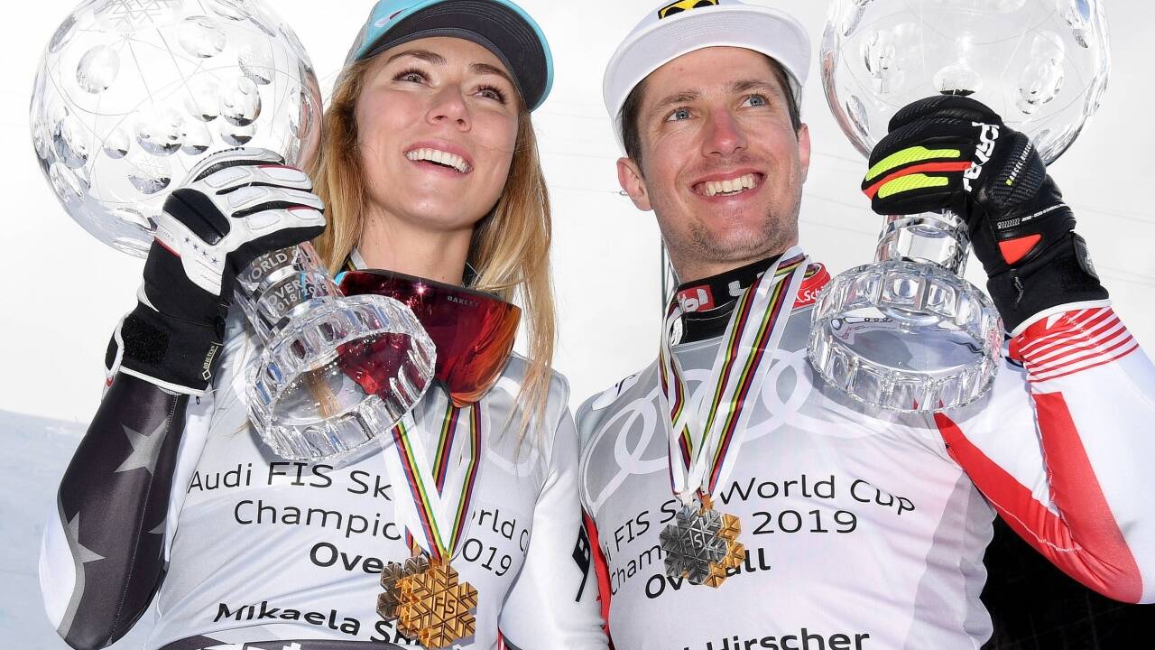 Marcel Hirscher (r./AUT) und Mikaela Shiffrin (USA) beim Weltcup-Finale in Soldeu am Sonntag, 17. März 2019. 