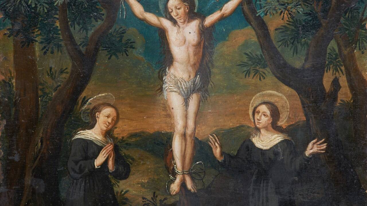 Die drei Bethen St. Aubet, St. Guere und St. Cubet, Votivbild , Meransen, 1730<br>Diözesanmuseum, Brixen/Bressanone (Südtirol, Italien)<br> 