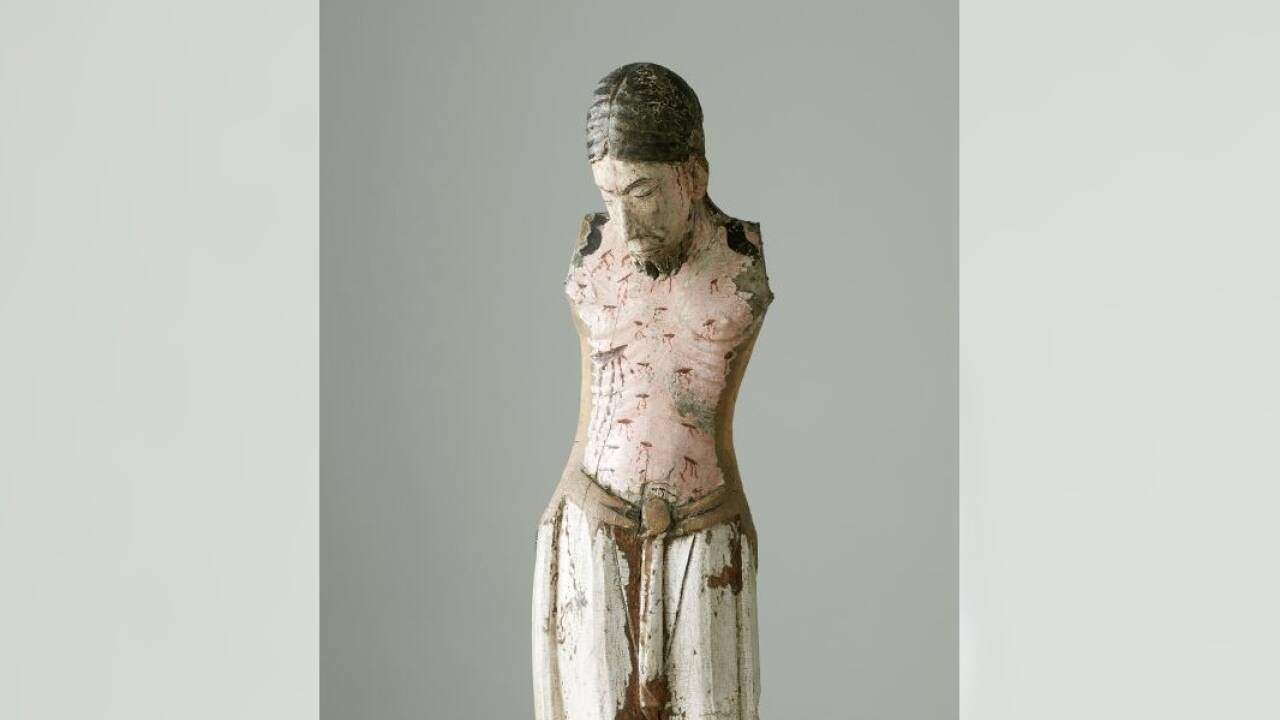 Corpus, Holz, ca. 1150, Lamprechtsburg / Brunico/Bruneck, Diözesanmuseum Bressanone/Brixen, unbekleidet  
