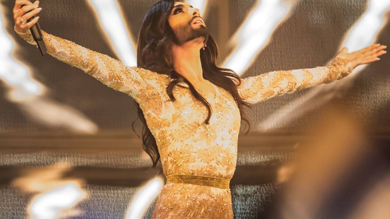 Conchita Wurst während einer Probe ihres Songs 'Rise Like a Phoenix' in Kopenhagen für den vom ORF übertragenen Eurovision Song Contest.  