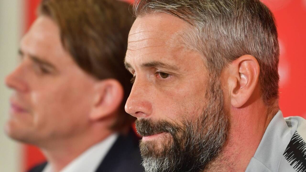 Red-Bull-Sportdirektor Christoph Freund und Trainer Marco Rose bei der Pressekonferenz am Mittwoch. 