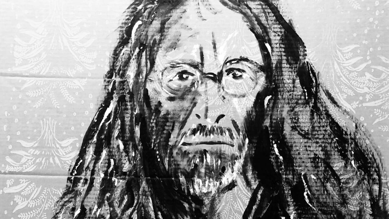 <strong>Das Material, </strong> das Oskar Stocker für sein Porträt von Jesus gewählt hat, ist schlichter Pappkarton. Einer, wie er zum Verpacken von Konsumgütern verwendet wird, den man dann entsorgt – und auf dem mancher Bettler oder Obdachloser seine Tage und Nächte verbringt. In diesem Stil ist auch die dargestellte Figur gehalten. Als weitere Stilelemente fügte er „den Kitsch der Nazarener und die Ungezähmtheit der Hippie-Bewegung“ hinzu. Jesu Blick auf den Betrachter ist „einer, den man aushalten muss“, erklärt Stocker. „Denn jeder auch noch so verstoßene Sandler ist und bleibt ein Gottesgeschöpf.“ <strong>Oskar Stocker:</strong> J. C. 63 years old, homeless, Öl auf Karton, 70x100cm, Private Collection, 2019.  