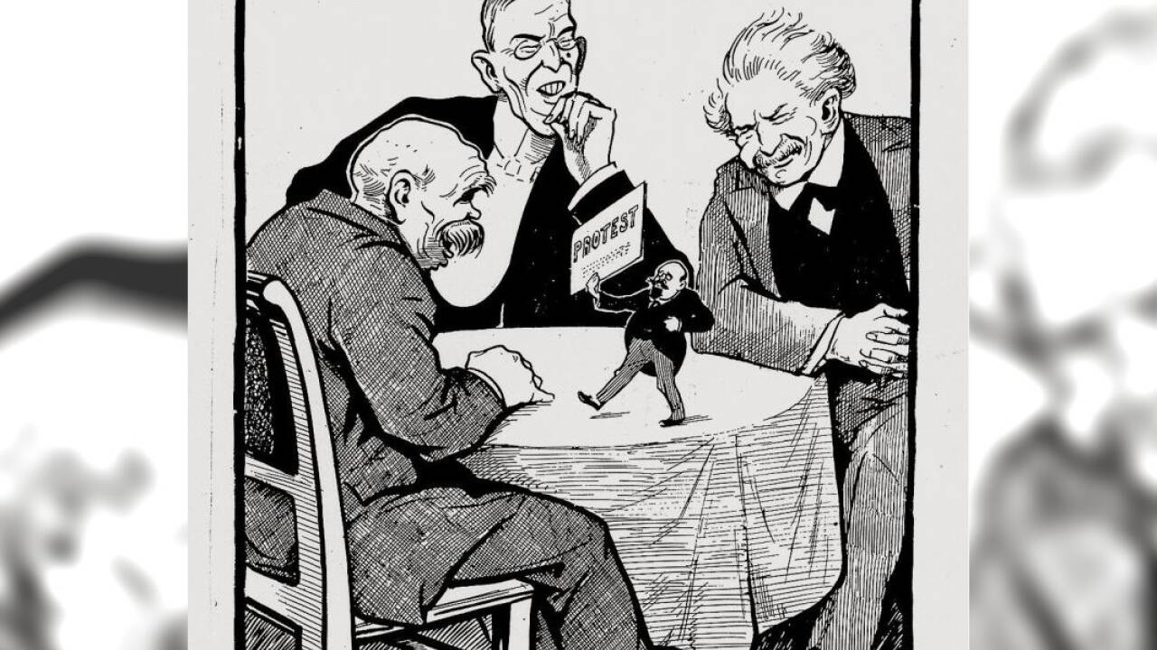 Auf dieser Karikatur protestiert Österreich – symbolisiert durch Karl Renner – bei den Siegern Georges Clemenceau, Woodrow Wilson und David Lloyd George gegen den Friedensvertrag.  Auf dieser Karikatur protestiert Österreich – symbolisiert durch Karl Renner – bei den Siegern Georges Clemenceau, Woodrow Wilson und David Lloyd George gegen den Friedensvertrag.