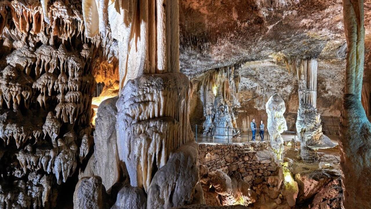 Der „Brillant“, eine schimmernd weiße Tropfsteinsäule, ist zum Wahrzeichen der Grotte geworden.   Der „Brillant“, eine schimmernd weiße Tropfsteinsäule, ist zum Wahrzeichen der Grotte geworden.