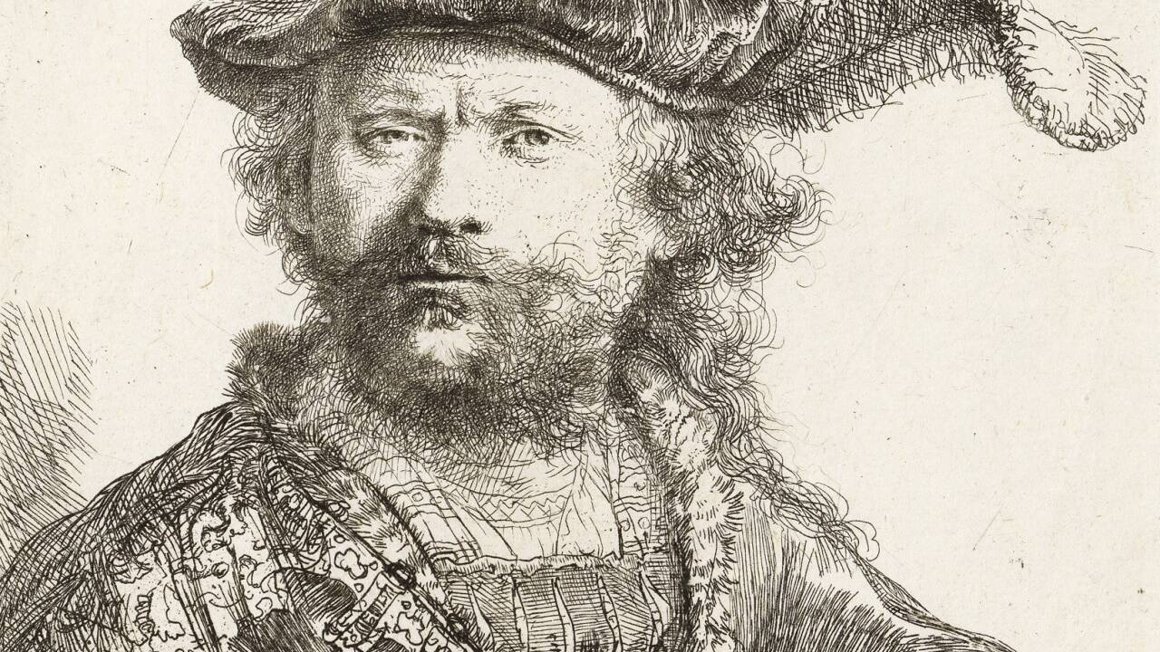 Rembrandt van Rijns „Selbstbildnis mit federgeschmücktem Samtbarett“, 1638, Radierung. Rembrandt van Rijns „Selbstbildnis mit federgeschmücktem Samtbarett“, 1638, Radierung.