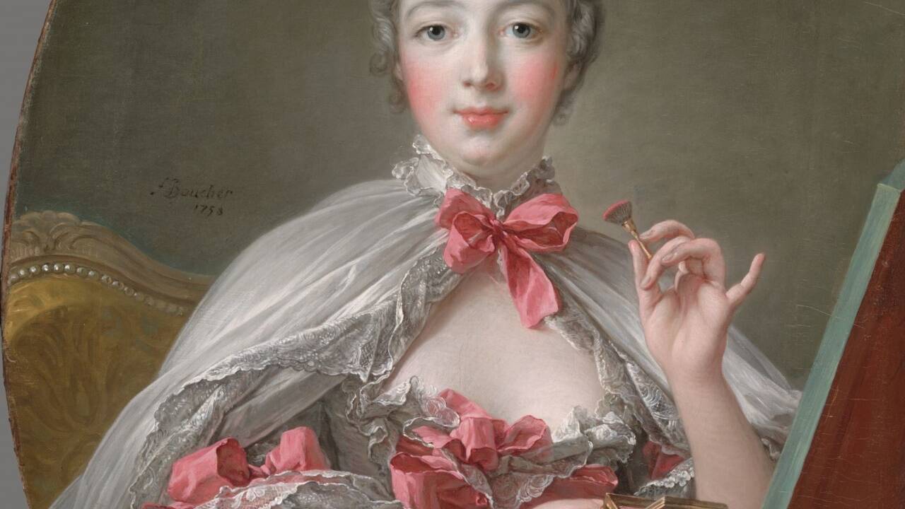 François Bouchers „Madame de Pompadour bei der Toilette“ (Bildausschnitt) aus 1758. Das Bild ist als Allegorie auf die Malerei zu verstehen.  
