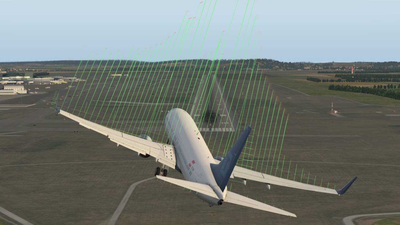 Landeanflug eines Passagierflugzeugs bei atmosphärischen Turbulenzen: Visualisierung der lokalen Auftriebsverteilung am Flügel. 