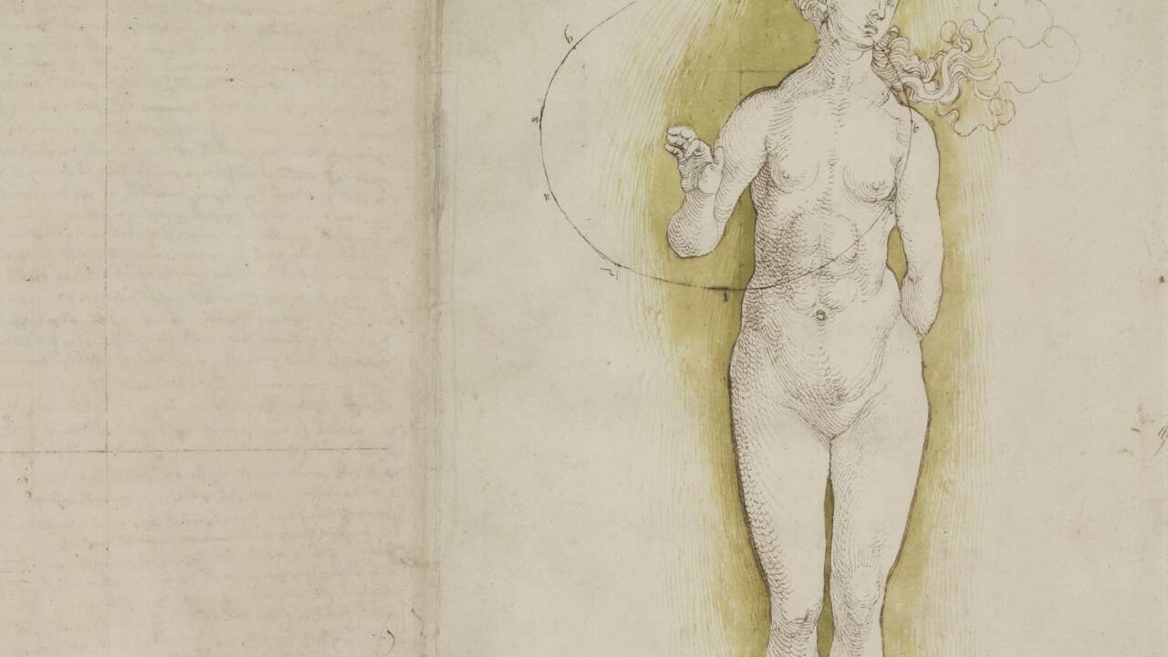 Proportionsstudie von Dürer (Ausschnitt), um 1500 entstanden. Ungewöhnlich bei dieser Studie eines Frauenakts ist das wehende Haar.  