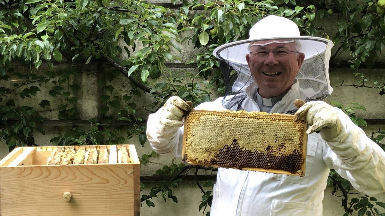 Erzbischof Franz Lackner bei der Honigernte.  
