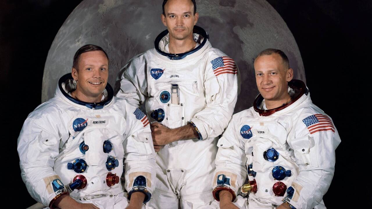 Komandant Neil A. Armstrong, Michael Collins, Module Pilot und Edwin E. „Buzz“ Aldrin, Lunar Module Pilot (v.l.n.r.).  