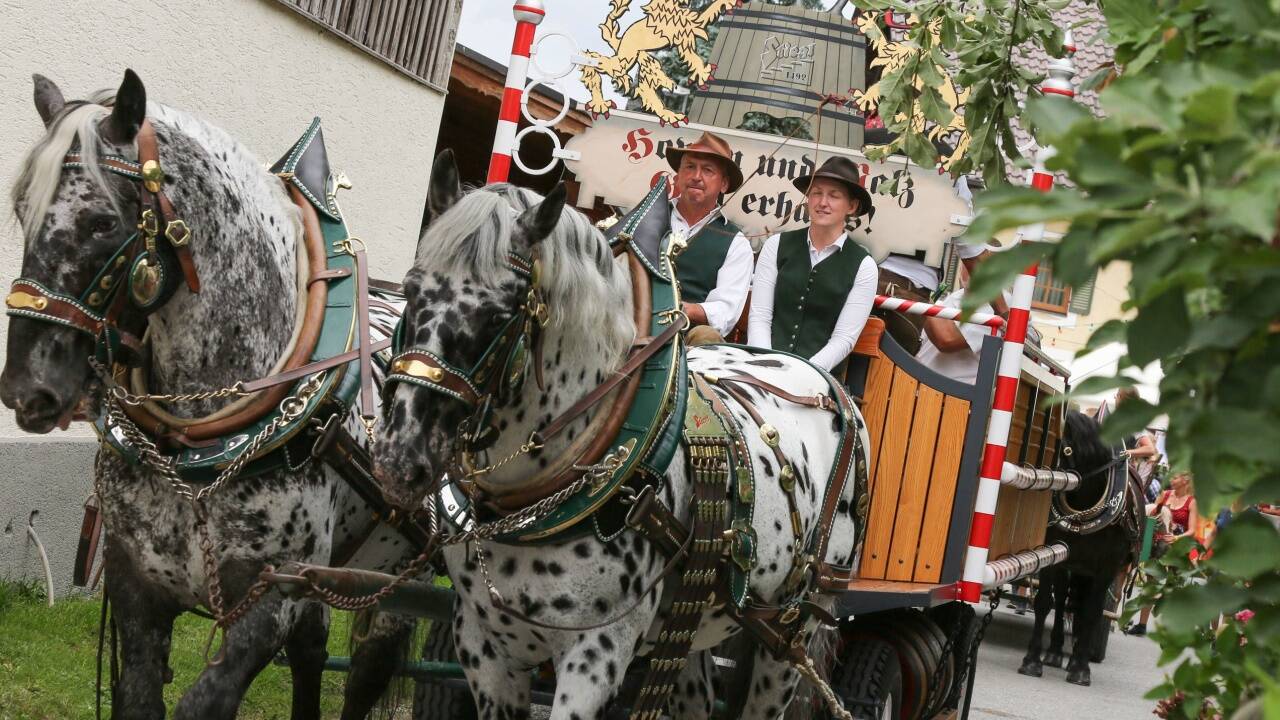 Das Bier für das Fest wird – ebenso wie das Organisationskomitee und Bürgermeister Joachim Maislinger – in der Pferdekutsche zum Anstich transportiert. 
