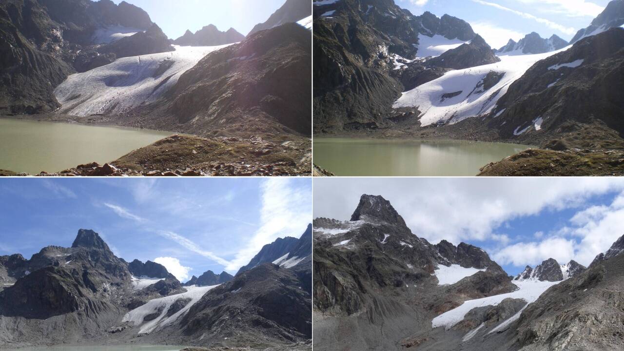 Blick vom Schweikertsee auf den Schweikertferner und den Fuß des Rofelewand-Massivs im Tiroler Kaunertal in den Jahren (v.l.) 2011, 2014, 2016 und 2018. Blick vom Schweikertsee auf den Schweikertferner und den Fuß des Rofelewand-Massivs im Tiroler Kaunertal in den Jahren (v.l.) 2011, 2014, 2016 und 2018.
