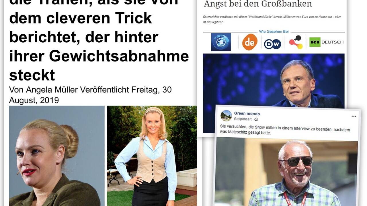 Postings wie jenes zu Verena Scheitz oder Dietrich Mateschitz verlinken zu gefälschten Medienartikeln, in denen die Prominenten angeblich für Produkte werben. Rechts oben ein Beispiel für solch einen Artikel mit Armin Wolf. 