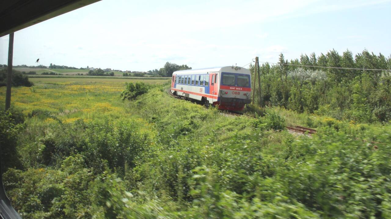 Duell am „Schweinbarther Kreuz“: Ein Schienenbus fährt nach Gänserndorf, der andere Richtung Brünner Straße. 