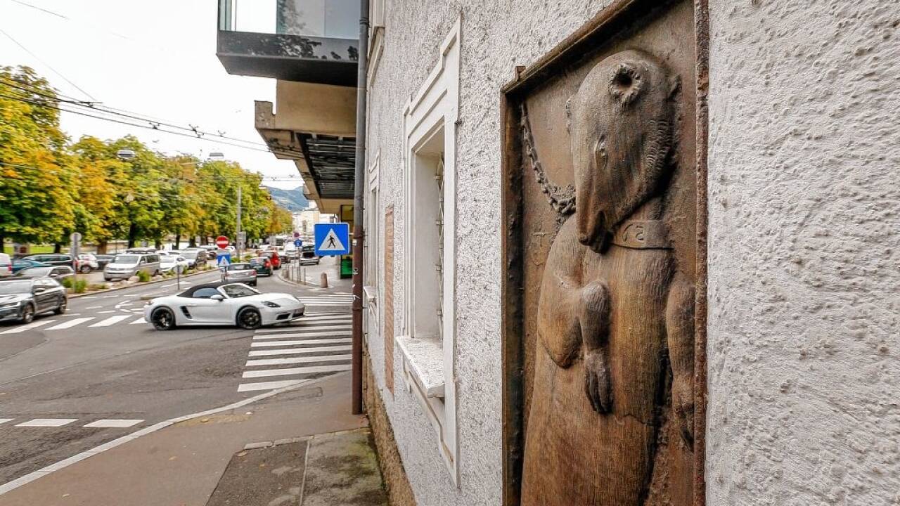 Dieses gusseiserne Relief mit dem angeketteten Bären hängt an der salzachseitigen Hausmauer des Hauses der Natur, in Szene gesetzt von SN-Fotograf Robert Ratzer.  