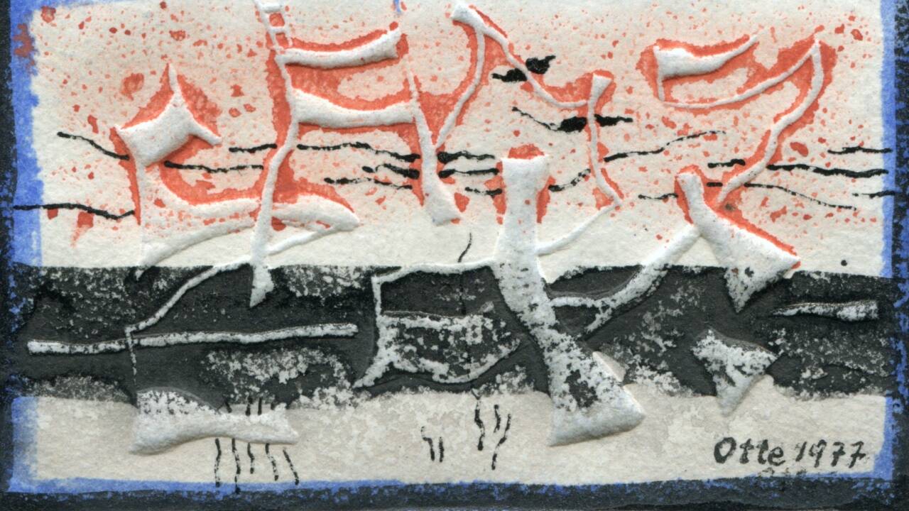 Otte, Werner, Abstrakte Komposition, 1977, Prägedruck koloriert, 7,6 x 11,8 cm, Besitz Salzburg Museum 