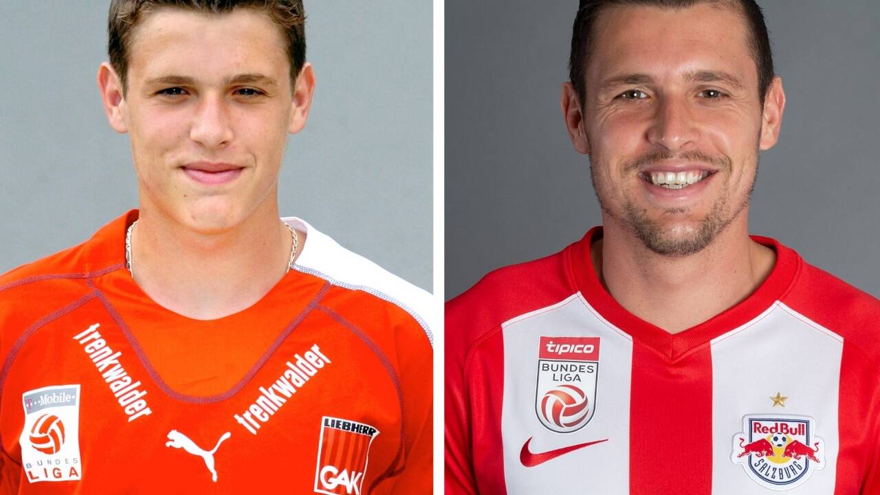 Einst und heute: Zlatko Junuzovic am 30. Juni 2005 beim offiziellen Fototermin des GAK vor dem Saisonstart und am 17. Juli 2019 beim Fototermin von Red Bull Salzburg. 