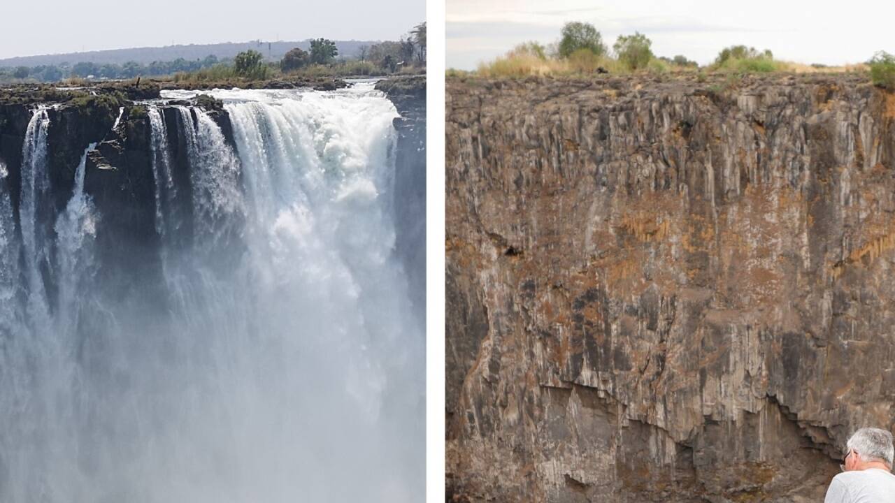 Zwei unterschiedliche Ausschnitte, verschiedene Perspektiven: Rechts das Foto, das im Internet kursiert, links die Victoriafälle aus der Sicht Simbabwes, aufgenommen am 1. Dezember 2019 . 