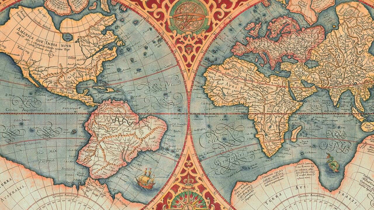 Rumold Mercators Weltkarte von 1597 mit dem vermuteten „Terra Australis“.  