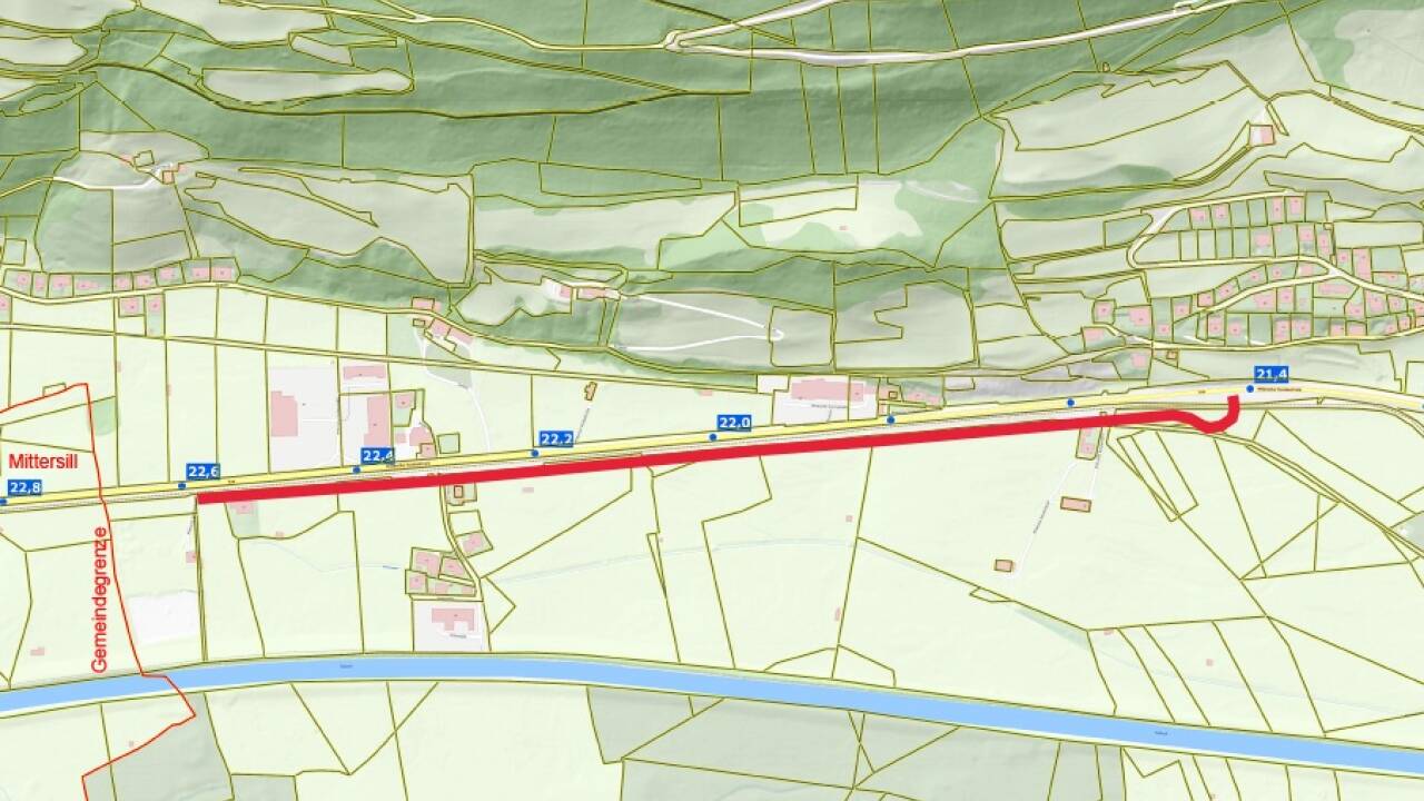Skizze der Begleitstraße zwischen Stuhlfelden (rechts) und Mittersill. 
