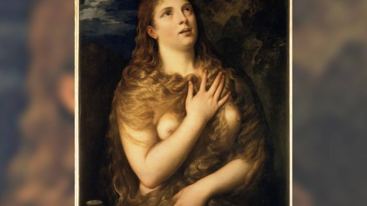 Tizians „Die büßende Magdalena“, um 1530/35 Öl auf Holz, 85 x 68 cm Inv.Nr. 67.Florenz, Palazzo Pitti, Gall. Palatina. Tizians „Die büßende Magdalena“, um 1530/35 Öl auf Holz, 85 x 68 cm Inv.Nr. 67.Florenz, Palazzo Pitti, Gall. Palatina.