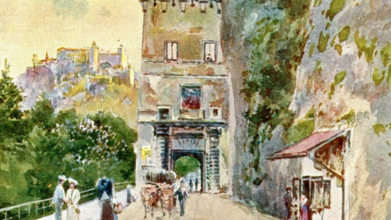 Ein Ausschnitt aus dem Aquarell des Künstlers Edward Th. Compton mit dem „Groschenloch“. Die Darstellung erschien gedruckt auf einer Postkarte um 1910.  
