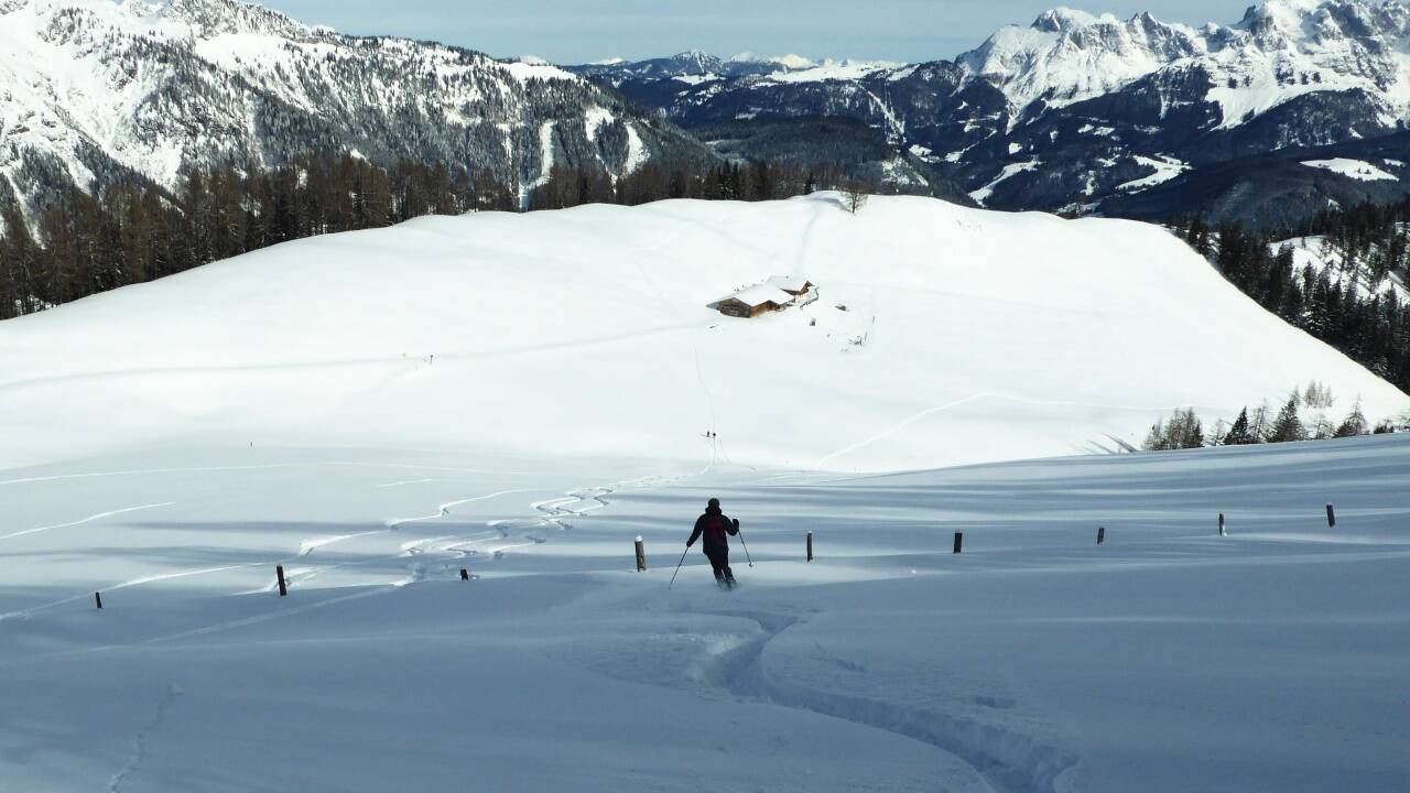 Nordostseitiger Abfahrtsspaß von der Koreinhöhe mit Blick auf die Karalm. Nordostseitiger Abfahrtsspaß von der Koreinhöhe mit Blick auf die Karalm.