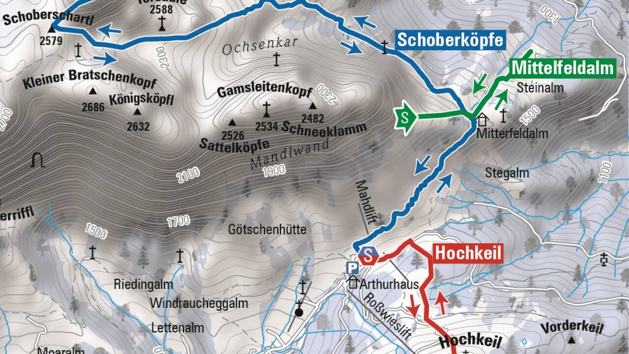 Nach der Mitterfeldalm öffnen sich schöne Nordost-Hänge. Nach der Mitterfeldalm öffnen sich schöne Nordost-Hänge.