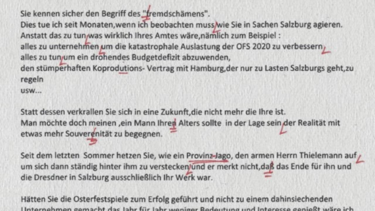 Teil 1 des E-Mails von Nikolaus Bachler an Peter Ruzicka. 