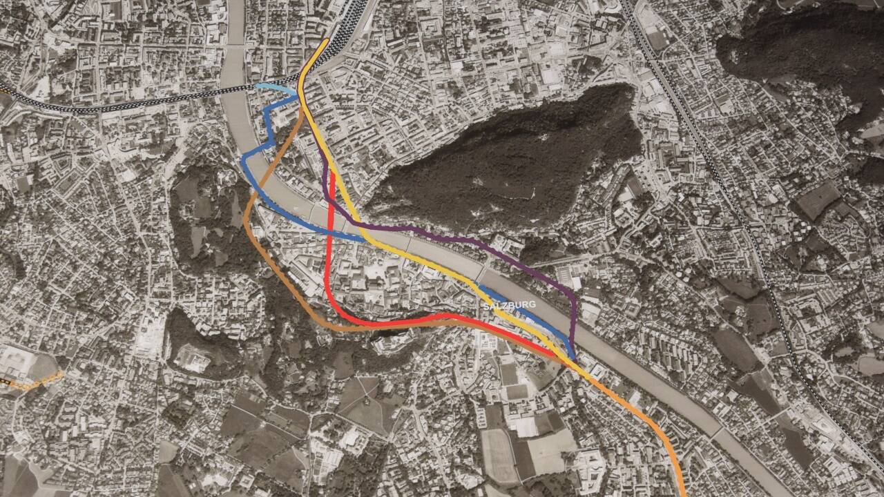 Die Trassenvarianten: „ERB2 Herbrich“ (rot), „Spirk“ (orange), „ERB3 Imberg“ (violett), „ERB1“ (blau) und „Innenstadt direkt“ (gelb). Bild:  