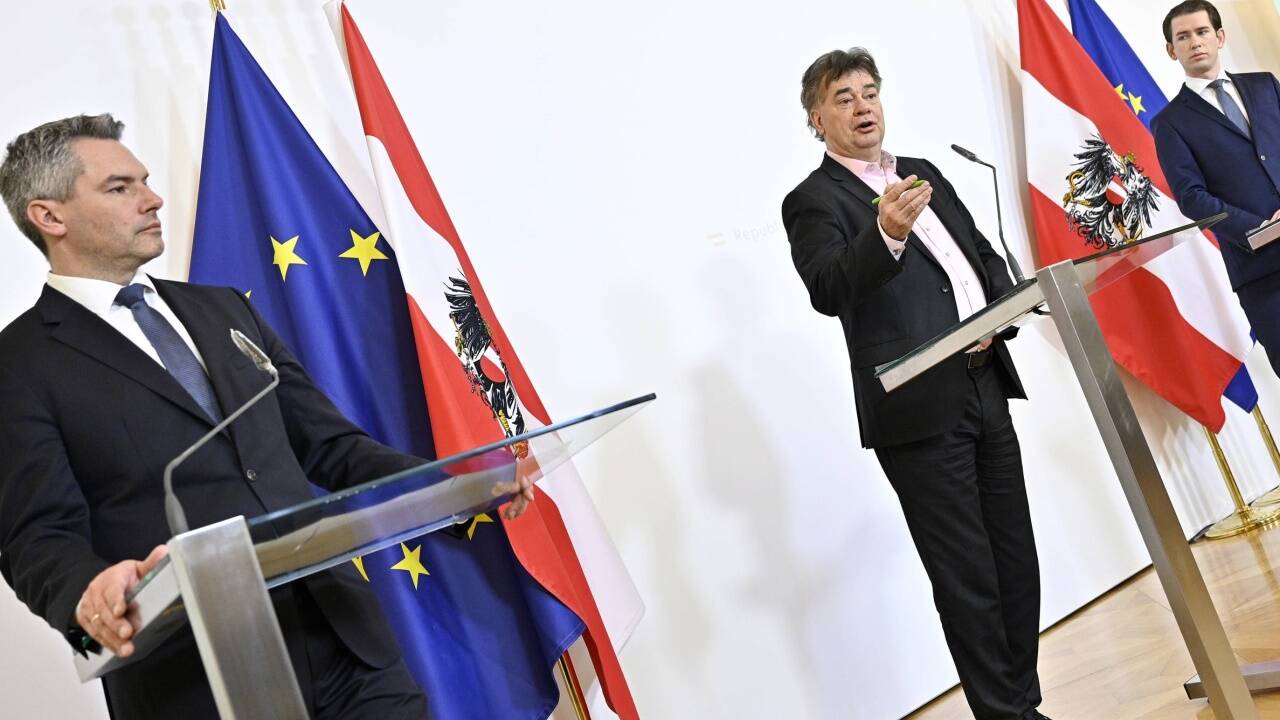 Innenminister Karl Nehammer, Vizekanzler Werner Kogler, Bundeskanzler Sebastian Kurz.   Innenminister Karl Nehammer, Vizekanzler Werner Kogler, Bundeskanzler Sebastian Kurz.