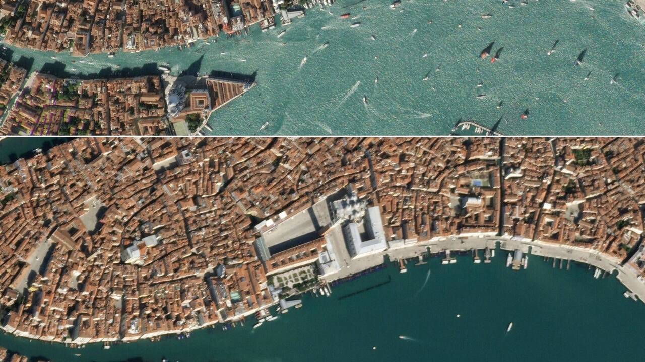 Keine Menschen, klares Wasser: Satellitenbilder aus Venedig – oben vom Oktober 2019, unten vom März 2020. 