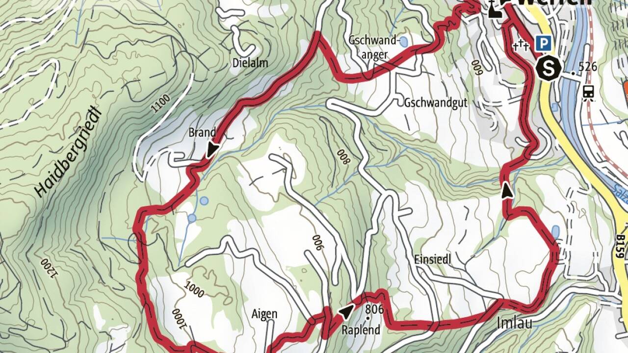 Start beim Parkplatz oder Bahnhof Werfen, Gesamtdauer: 3 ¼ Stunden, 550 Höhenmeter, 8,5 km. Karte: f&b 391, ÖK 3216. Charakter: mittel (T 2). 