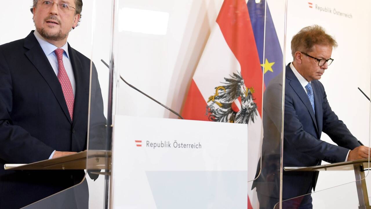 Außenminister Alexander Schallenberg und Gesundheitsminister Rudolf Anschober beim Pressegespräch am 3. Juni in Wien.  