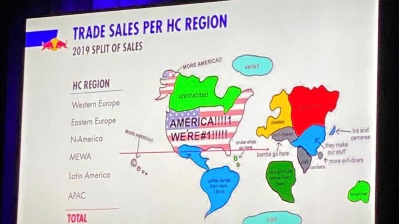 Waschlappen in Europa, Zootiere aus Afrika: Die Weltkarte war Teil eines internen Meetings in den USA. Waschlappen in Europa, Zootiere aus Afrika: Die Weltkarte war Teil eines internen Meetings in den USA.