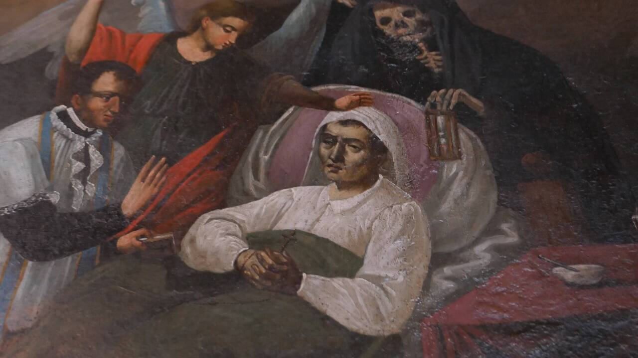 Wem die Stunde schlägt ... Die zentrale Szene im großformatigen Bild „Der Tod des Gerechten„ in der Fuscher Pfarrkirche.  