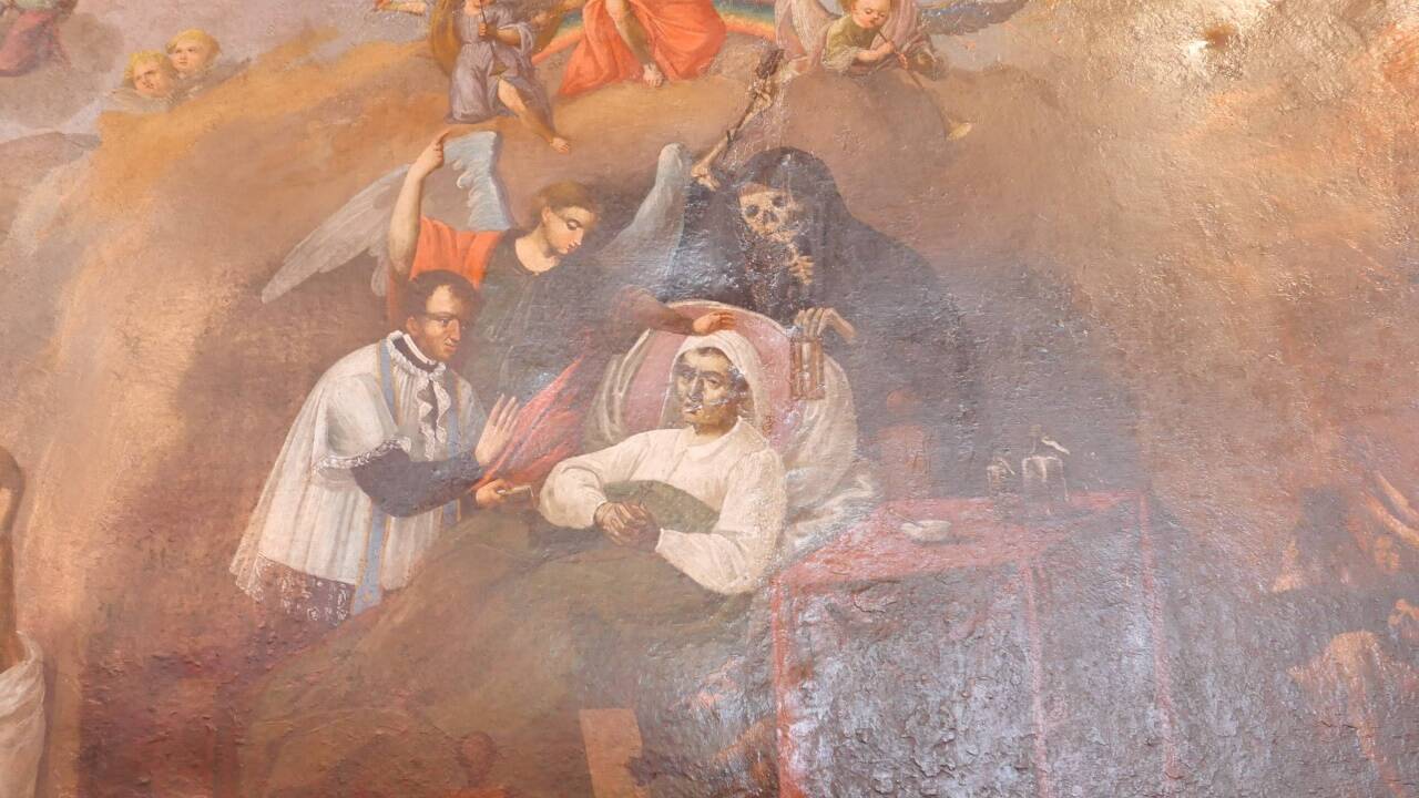 Wem die Stunde schlägt ... Die zentrale Szene im großformatigen Bild „Der Tod des Gerechten„ in der Fuscher Pfarrkirche.  