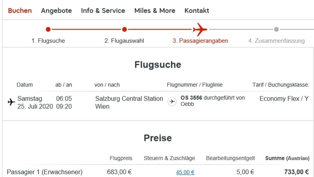 733 Euro für den „Hinflug“ per Zug von Salzburg nach Wien-Schwechat zeigte die AUA-Website am Montag an.  