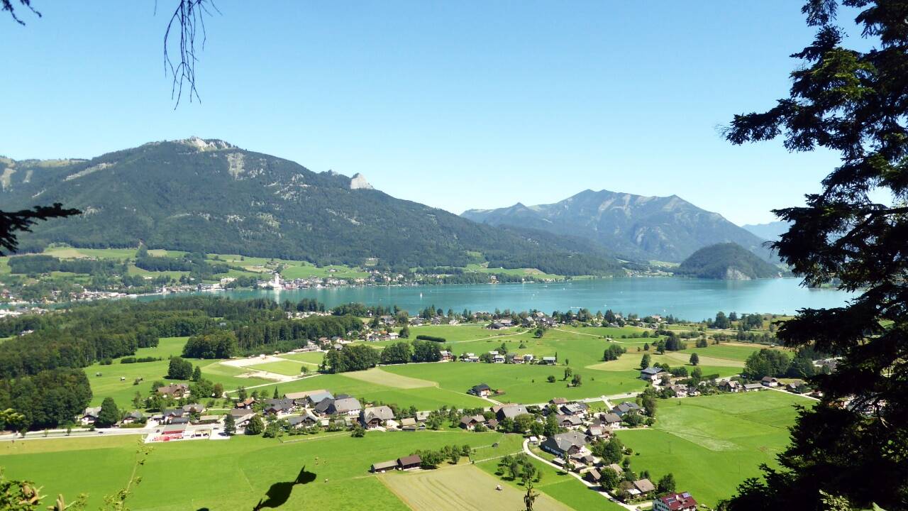 Der Blick vom Brunneckweg auf St. Wolfgang und das Zinkenbach-Delta. 