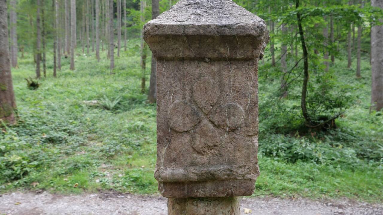 Auf der Rückseite der steinernen Grenzsäule ist ein Kleeblatt abgebildet, ein stehender Vierpass.  