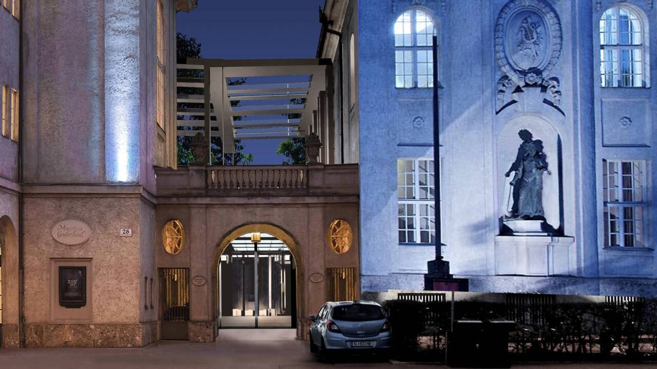 So wird das neu gebaute Foyer zwischen den Gebäuden von außen aussehen ...  