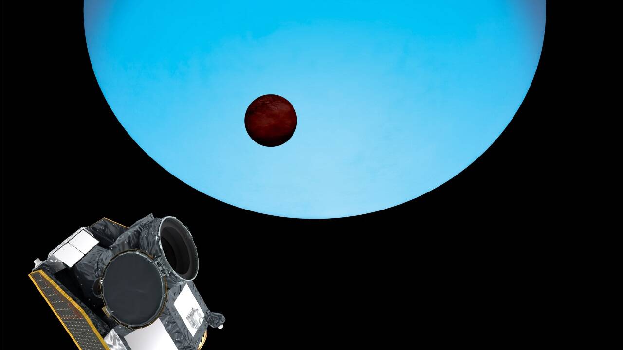 Künstlerische Darstellung des Weltraumteleskops CHEOPS bei der Beobachtung von WASP-189b. Künstlerische Darstellung des Weltraumteleskops CHEOPS bei der Beobachtung von WASP-189b.