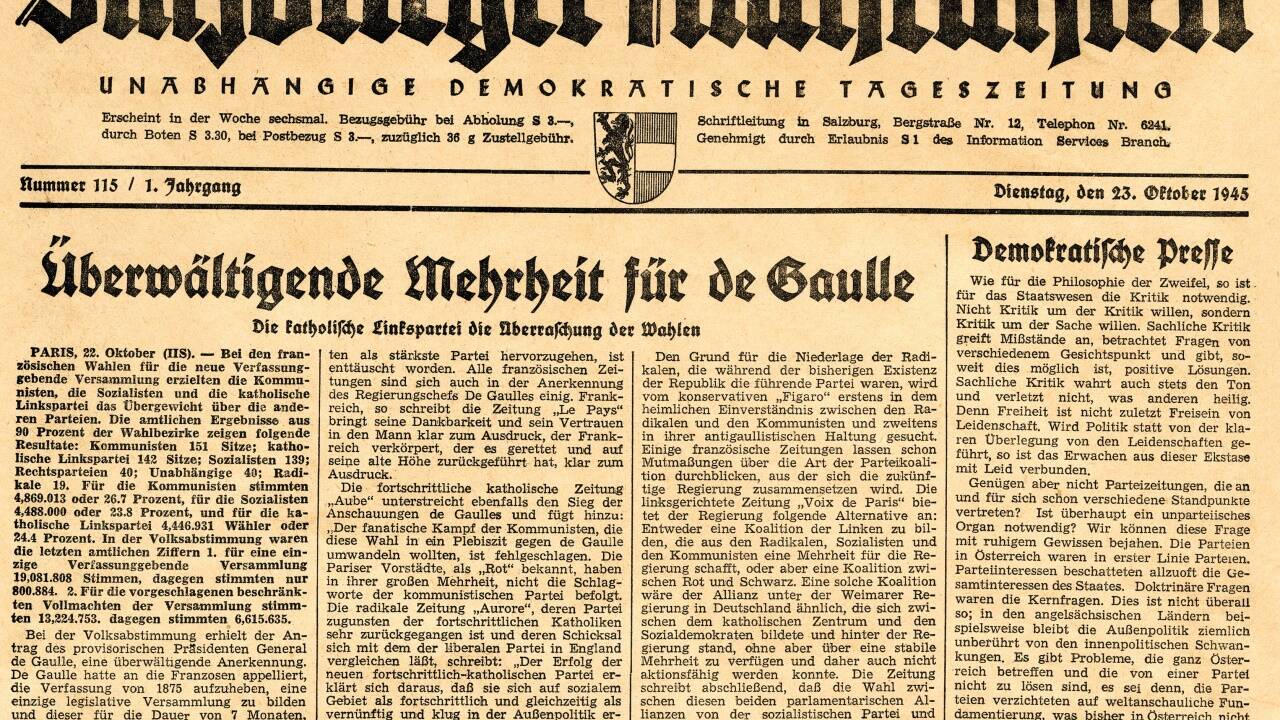 Die Ausgabe der SN vom 25. Oktober mit der neuen Unterzeile „Unabhängige demokratische Tageszeitung“ unter der Herausgeberschaft von Max Dasch und Chefredakteur Gustav A. Canaval. Die Ausgabe der SN vom 25. Oktober mit der neuen Unterzeile „Unabhängige demokratische Tageszeitung“ unter der Herausgeberschaft von Max Dasch und Chefredakteur Gustav A. Canaval.