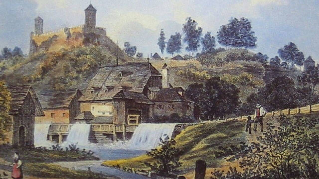 Das Gemälde zeigt die Pulvermühle in Leopoldskron um 1840.  