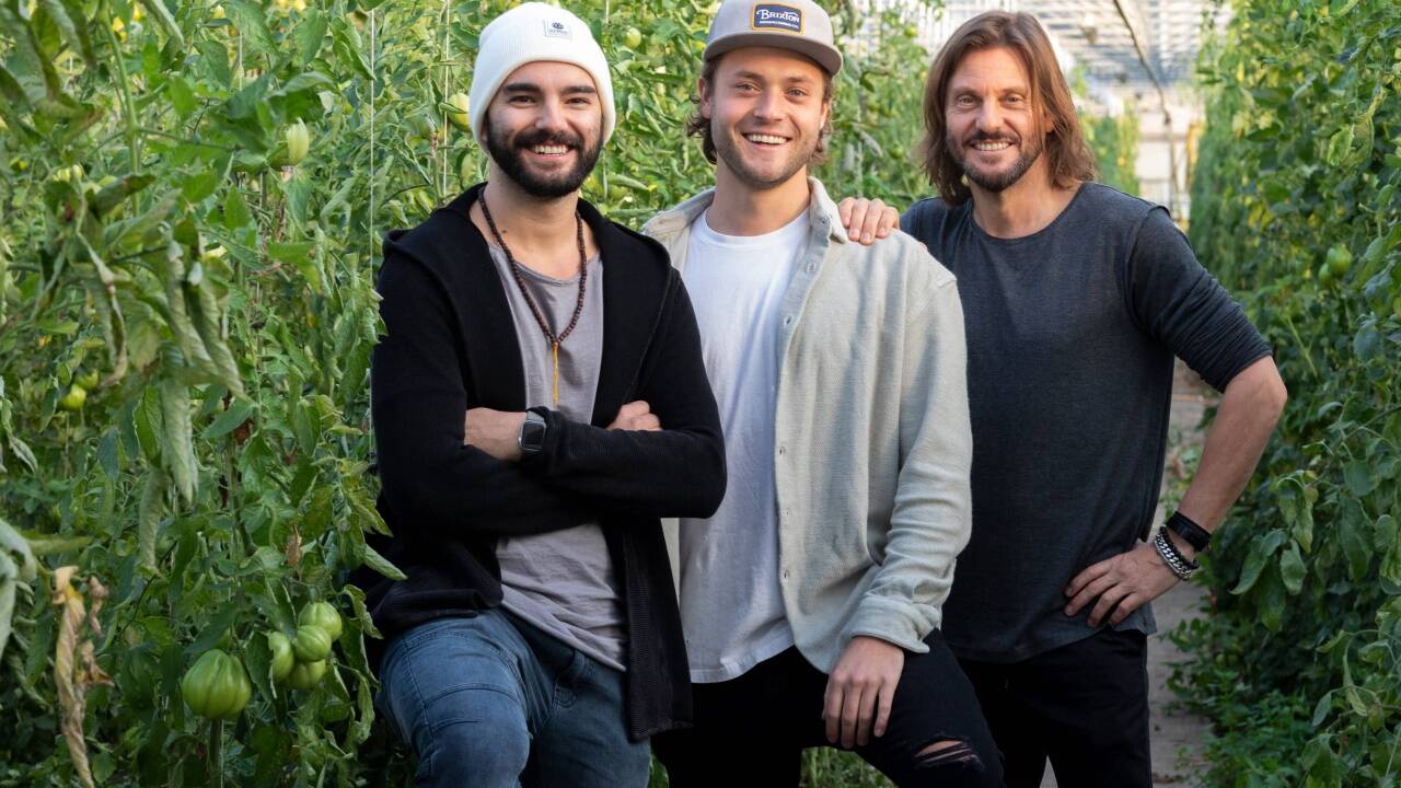Julian Sanders mit Niko und Heiner Raschhofer im Gewächshaus eines Gemüsebauern in Wals-Siezenheim.  