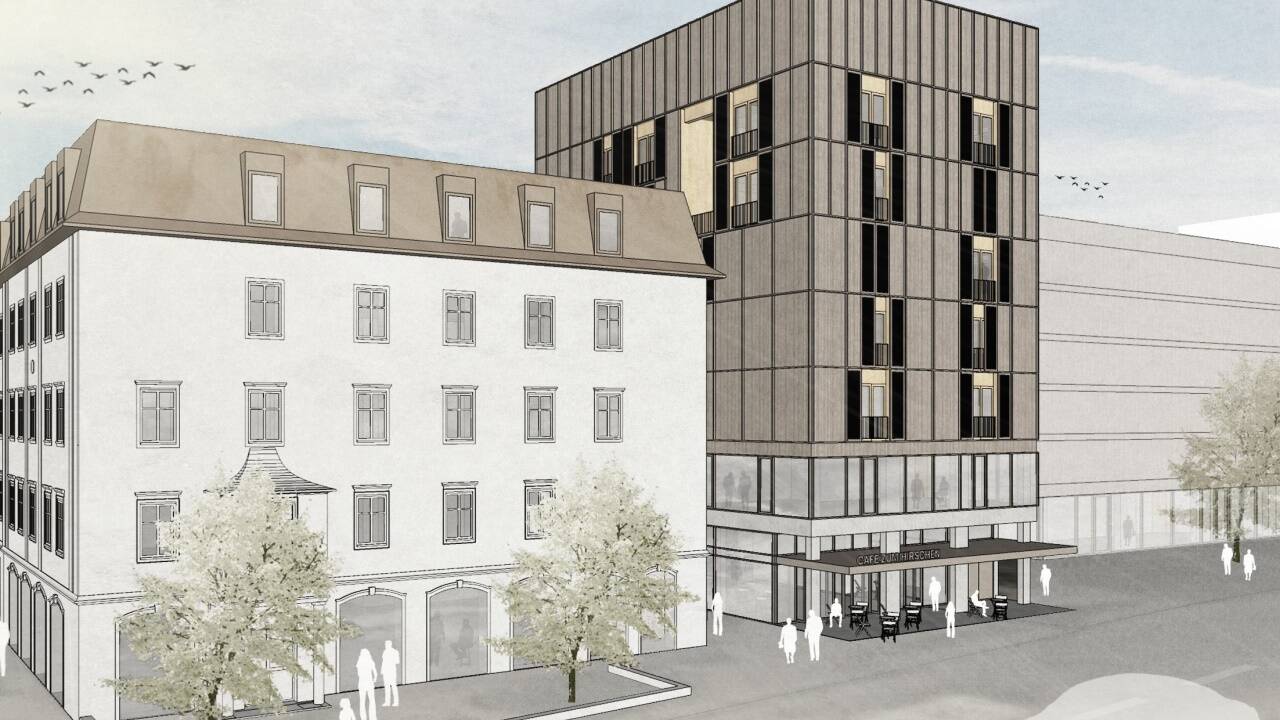 Neben dem Hotel „Zum Hirschen“ sollen nach den Plänen von LP Architektur ein Hotelturm sowie ein Langhaus mit 40 Wohnungen entstehen. Neben dem Hotel „Zum Hirschen“ sollen nach den Plänen von LP Architektur ein Hotelturm sowie ein Langhaus mit 40 Wohnungen entstehen.