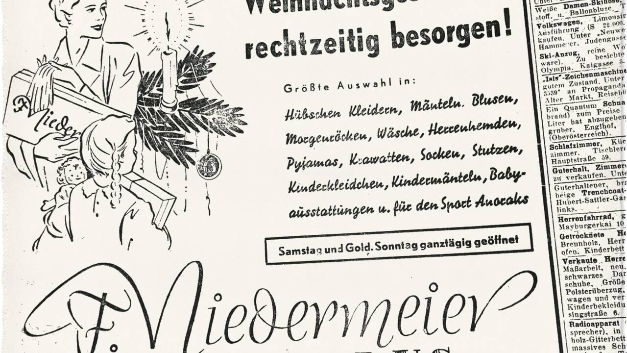 Am Sonntag ganztägig geöffnet. Werbung in den SN in den 1950ern.  