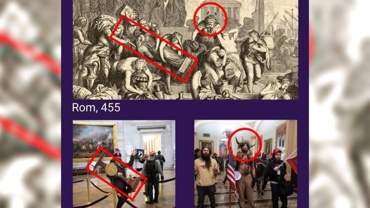 Facebook-Post des Fachbereichs Altertumswissenschaften: Die Fantasie eines Zeichners des 19. Jahrhunderts trifft sich mit aktuellen Bildern aus Washington. Facebook-Post des Fachbereichs Altertumswissenschaften: Die Fantasie eines Zeichners des 19. Jahrhunderts trifft sich mit aktuellen Bildern aus Washington.