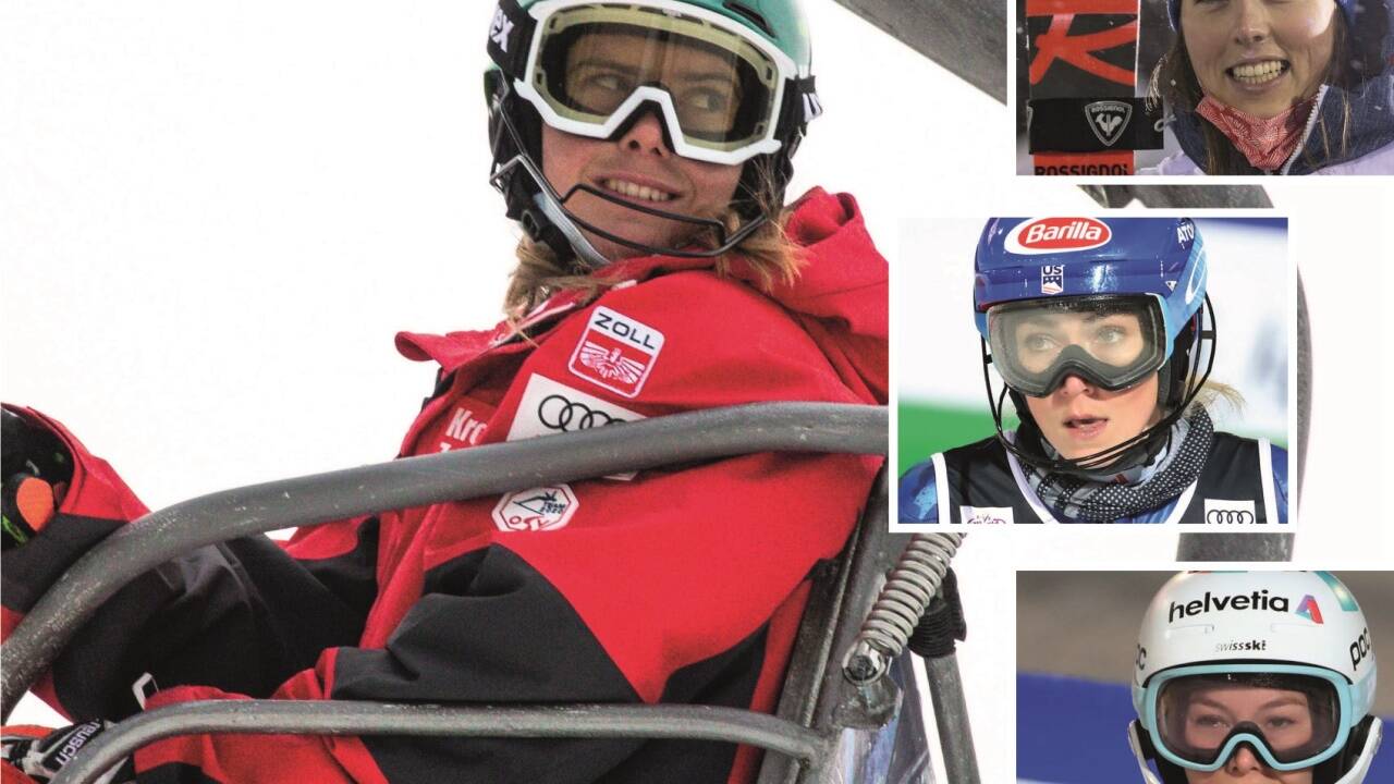 Katharina Liensberger visiert im Vierkampf mit Petra Vlhová (oben), Mikaela Shiffrin (Mitte) und Michelle Gisin (unten) ihren ersten Weltcupsieg im Slalom an. 